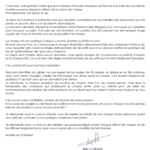 Lettre ouverte aux chasseurs Securite FEDERATION